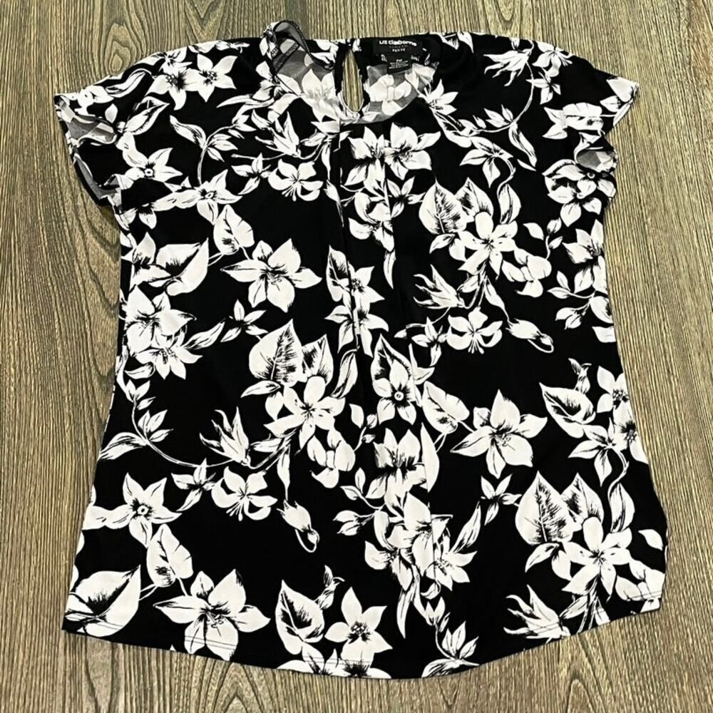 Liz Claiborne Career Floral Blouse Short Sleeve Stretch Black/White Size PM